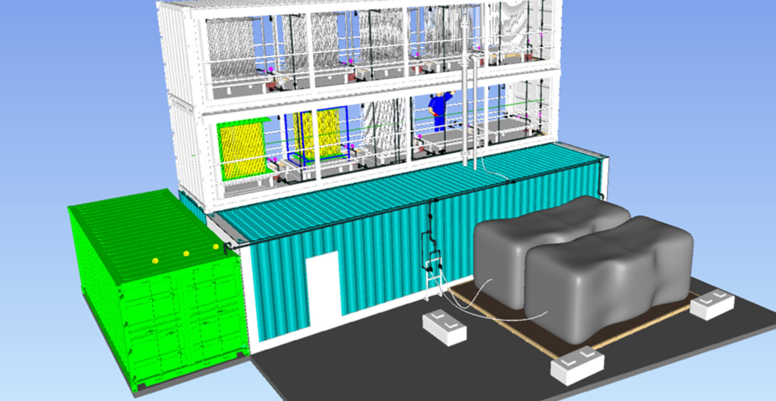 Design impression: stacked capture containers, an electrodialysis container and two buffer tanks